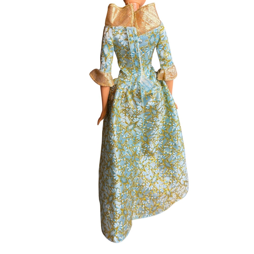 Mattel Barbie Princess Doll Blue Gold Floral Brocade‎ Gown Brown Hair with Stand - Picture 6 of 9